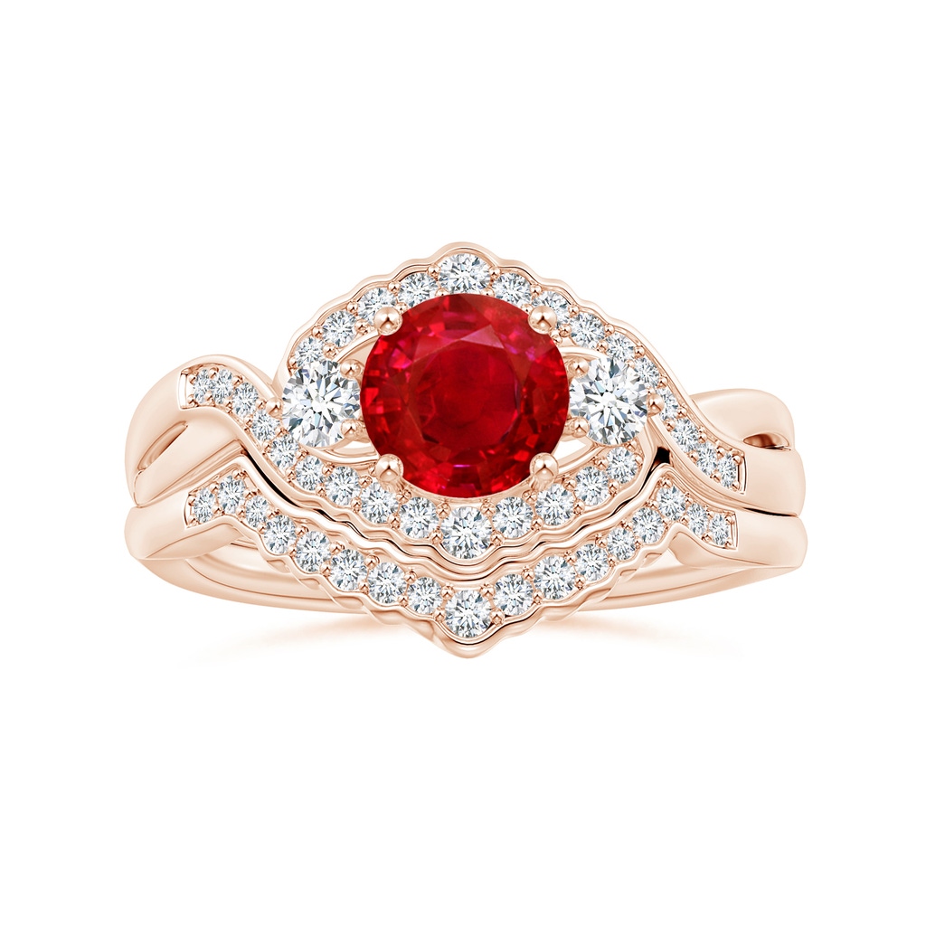 6mm AAA Aeon Vintage Style Ruby & Diamond Floral Halo Three Stone Engagement Ring in Rose Gold Side-3