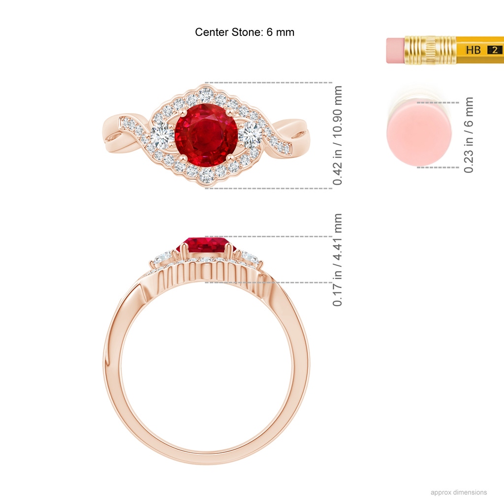 6mm AAA Aeon Vintage Style Ruby & Diamond Floral Halo Three Stone Engagement Ring in Rose Gold Ruler