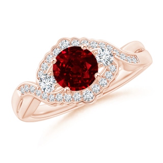 6mm AAAA Aeon Vintage Style Ruby & Diamond Floral Halo Three Stone Engagement Ring in 18K Rose Gold