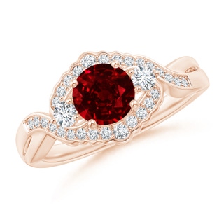 6mm AAAA Aeon Vintage Style Ruby & Diamond Floral Halo Three Stone Engagement Ring in Rose Gold