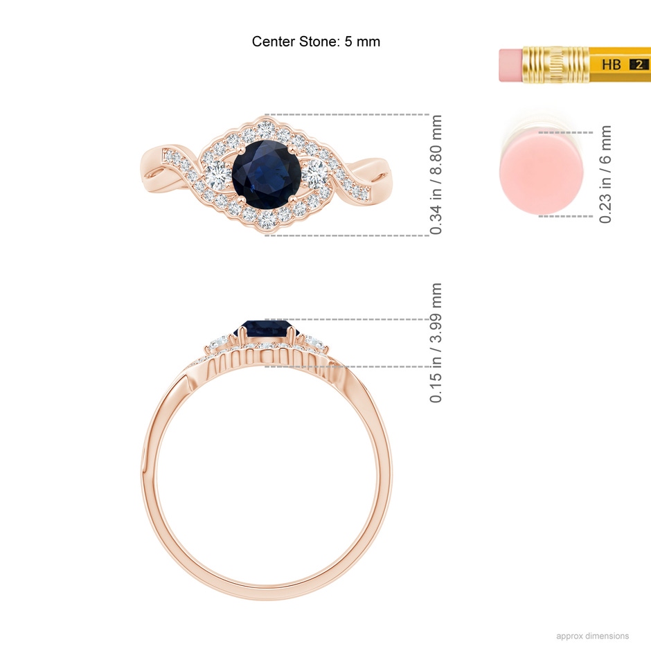 5mm A Aeon Vintage Style Sapphire & Diamond Floral Halo Three Stone Engagement Ring in Rose Gold ruler