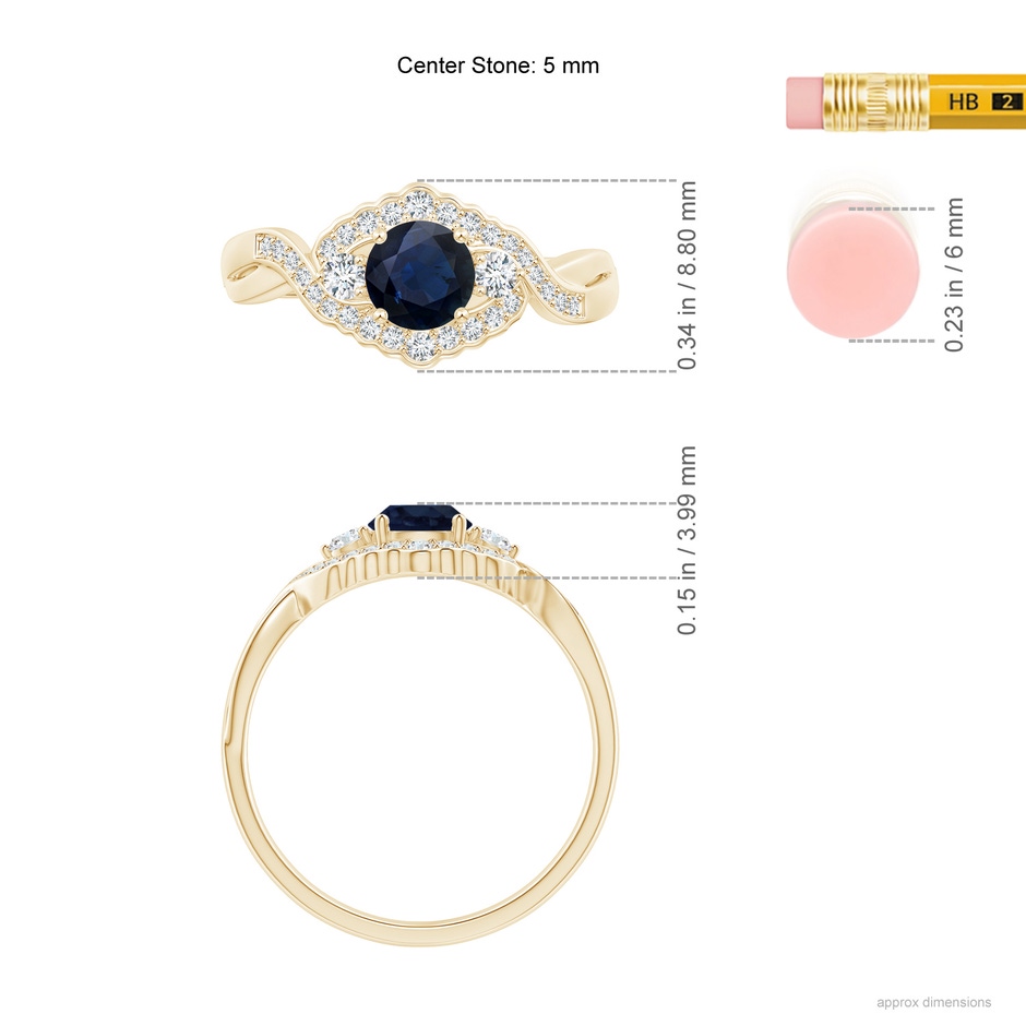 5mm A Aeon Vintage Style Sapphire & Diamond Floral Halo Three Stone Engagement Ring in Yellow Gold ruler