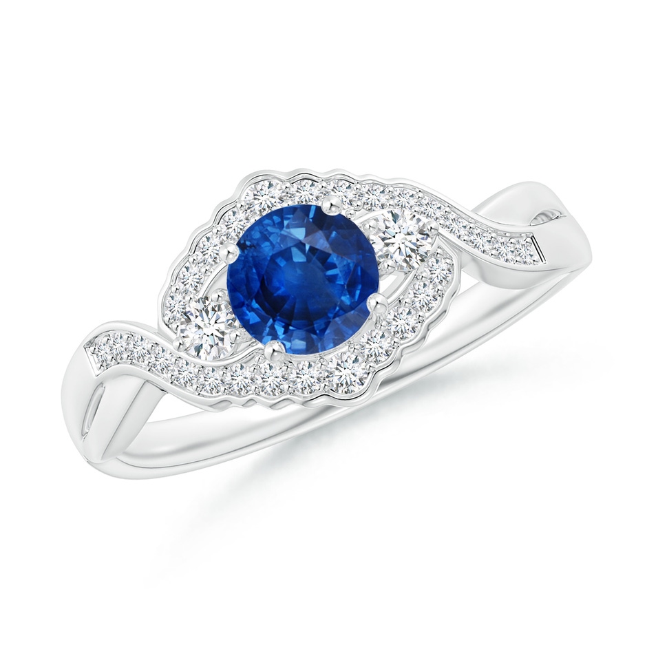 5mm AAA Aeon Vintage Style Sapphire & Diamond Floral Halo Three Stone Engagement Ring in 18K White Gold 