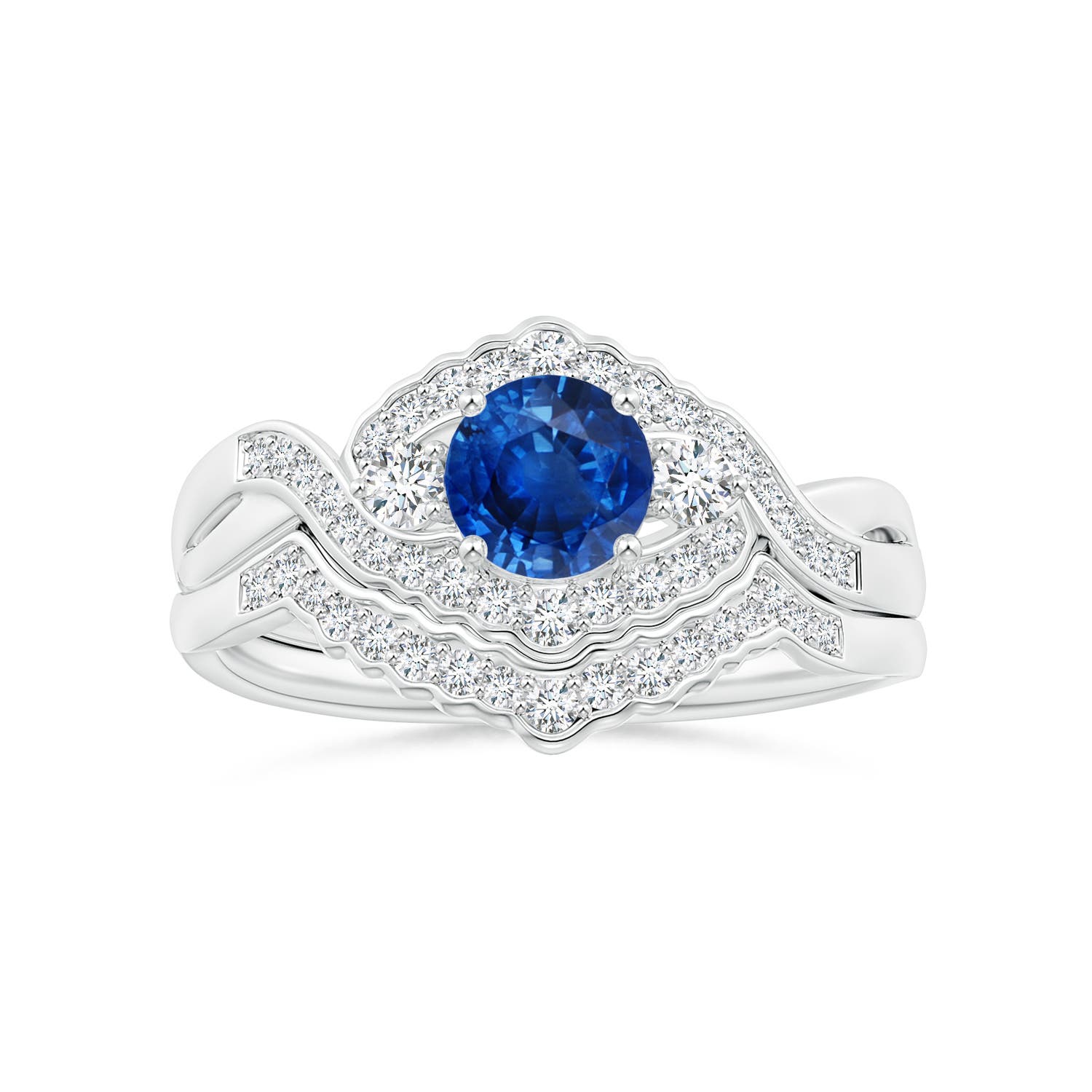 5mm AAA Aeon Vintage Style Sapphire & Diamond Floral Halo Three Stone Engagement Ring in 18CT White Gold - side 4