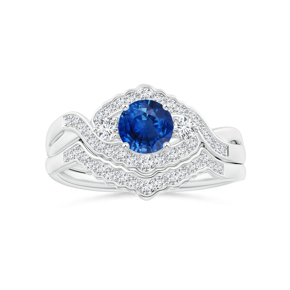 5mm AAA Aeon Vintage Style Sapphire & Diamond Floral Halo Three Stone Engagement Ring in 18K White Gold side-3