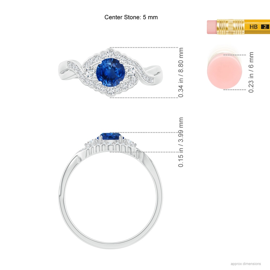 5mm AAA Aeon Vintage Style Sapphire & Diamond Floral Halo Three Stone Engagement Ring in 18K White Gold ruler