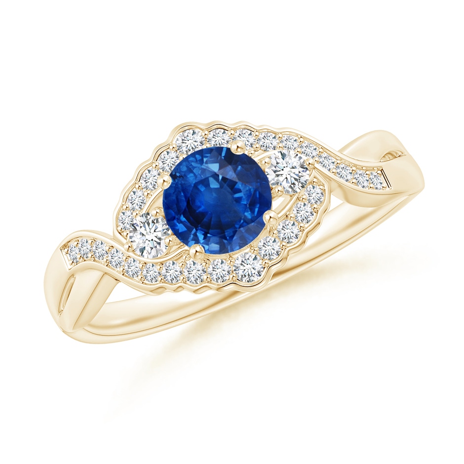 5mm AAA Aeon Vintage Style Sapphire & Diamond Floral Halo Three Stone Engagement Ring in Yellow Gold 