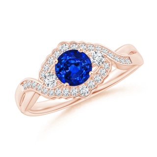 5mm AAAA Aeon Vintage Style Sapphire & Diamond Floral Halo Three Stone Engagement Ring in 18K Rose Gold