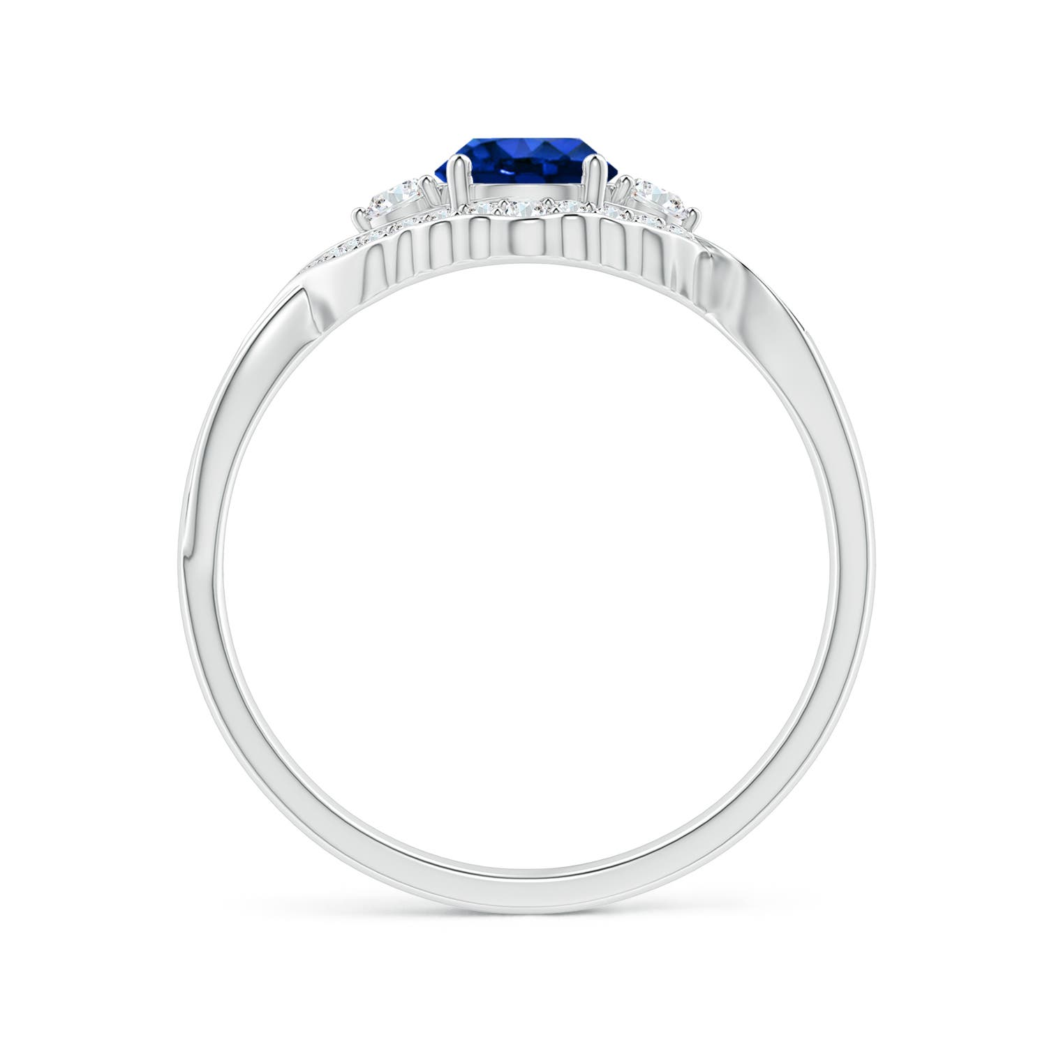 5mm AAAA Aeon Vintage Style Sapphire & Diamond Floral Halo Three Stone Engagement Ring in White Gold
