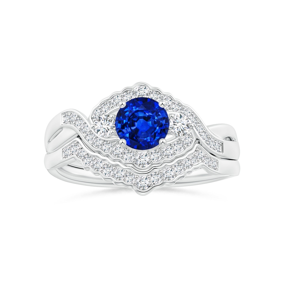 5mm AAAA Aeon Vintage Style Sapphire & Diamond Floral Halo Three Stone Engagement Ring in White Gold side-3