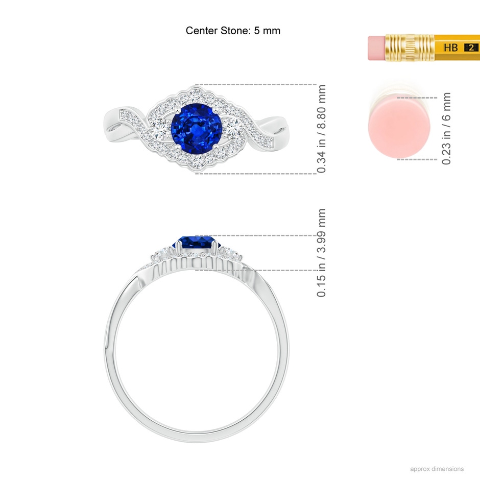 5mm AAAA Aeon Vintage Style Sapphire & Diamond Floral Halo Three Stone Engagement Ring in White Gold ruler