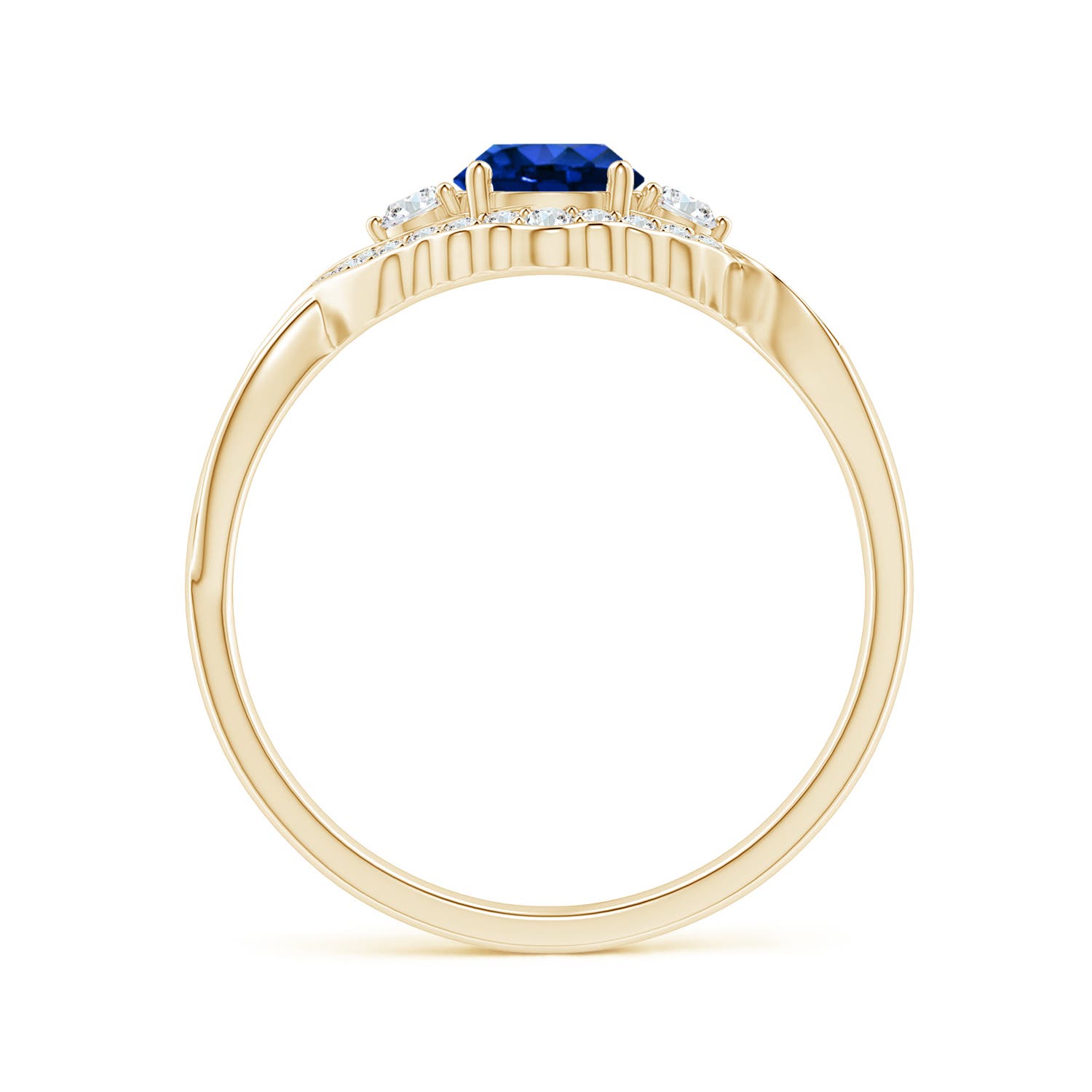 5mm AAAA Aeon Vintage Style Sapphire & Diamond Floral Halo Three Stone Engagement Ring in Yellow Gold