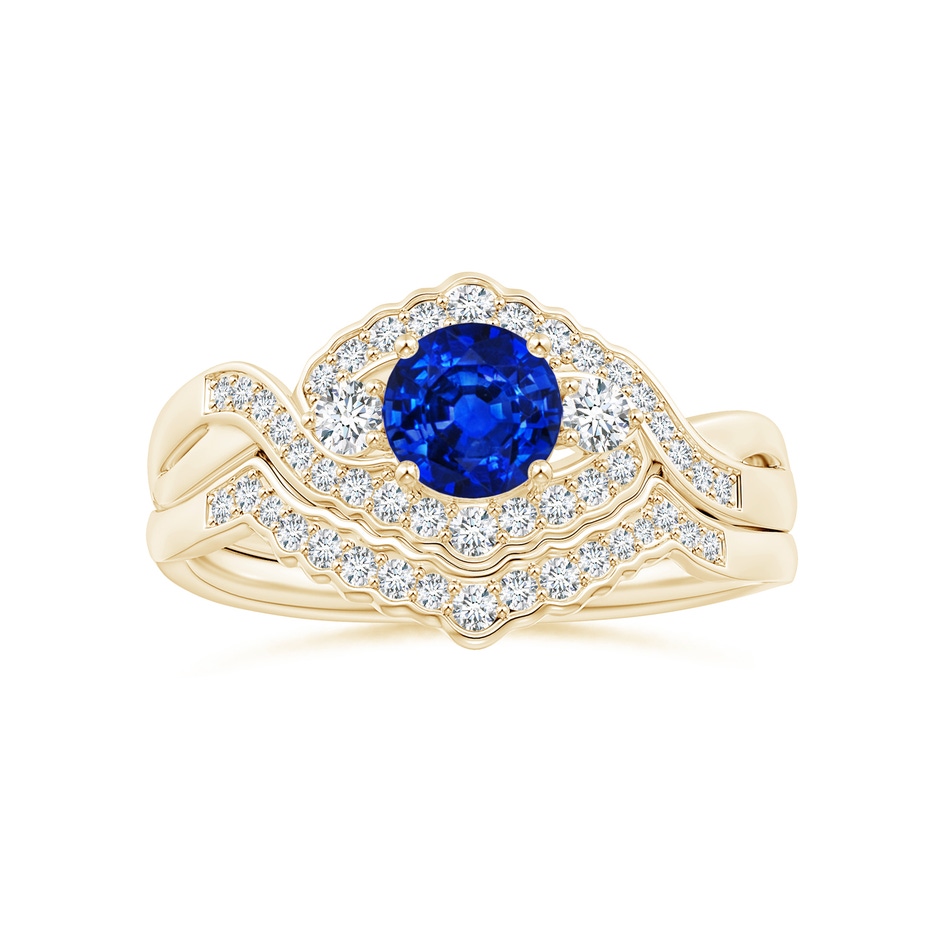 5mm AAAA Aeon Vintage Style Sapphire & Diamond Floral Halo Three Stone Engagement Ring in Yellow Gold side-3