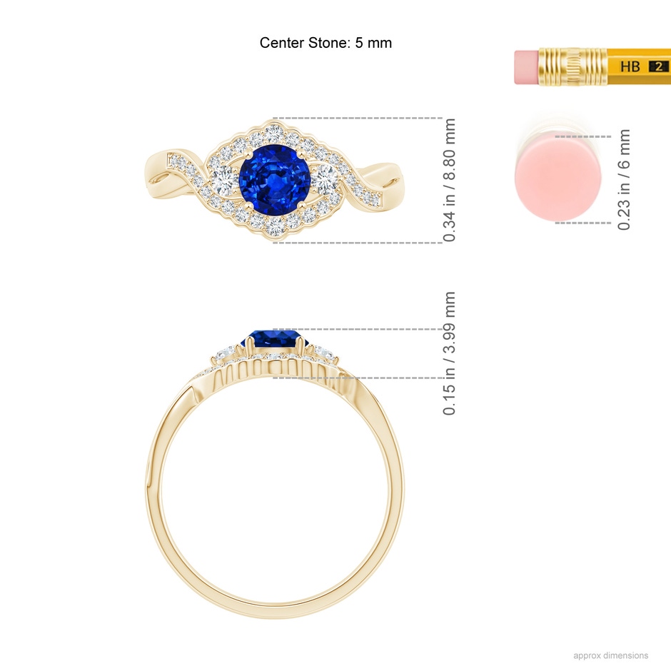 5mm AAAA Aeon Vintage Style Sapphire & Diamond Floral Halo Three Stone Engagement Ring in Yellow Gold ruler