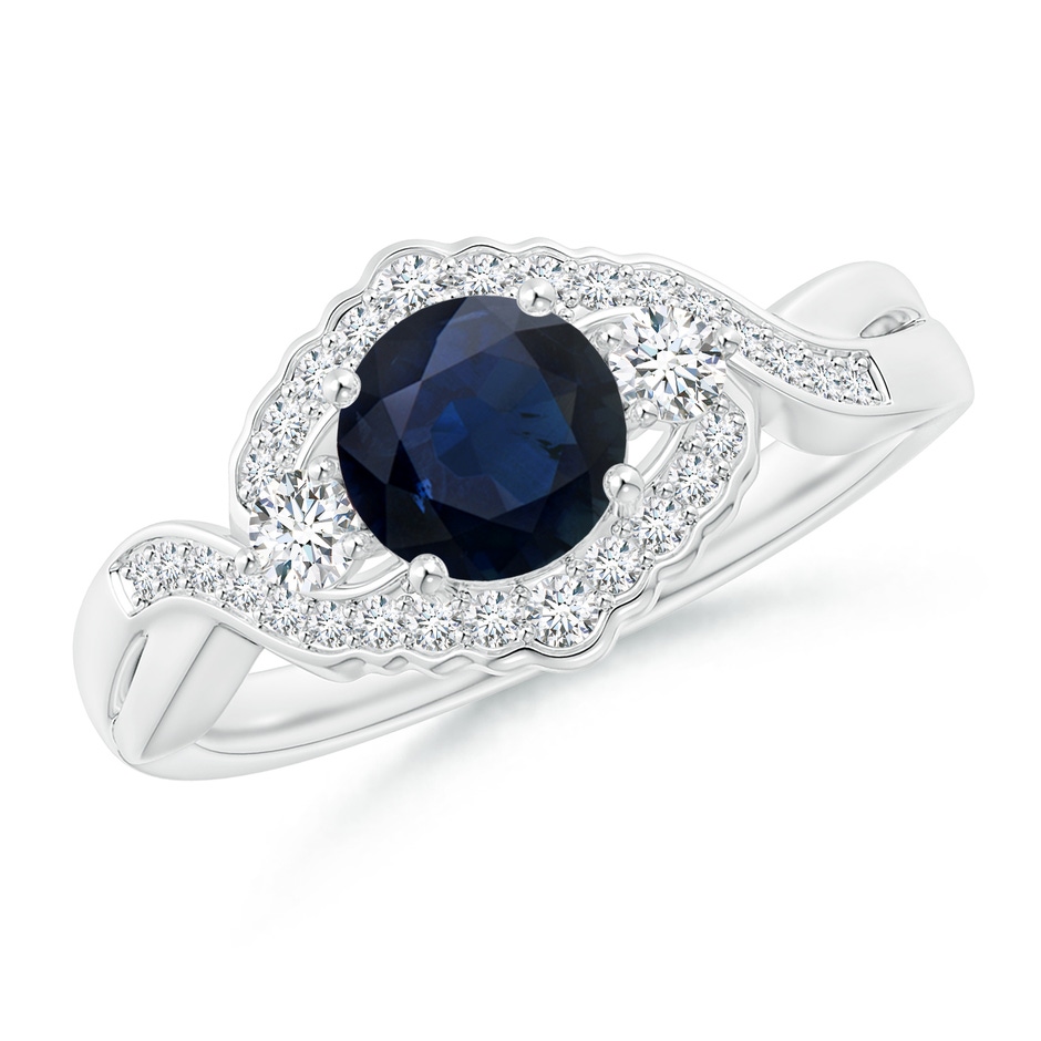 6mm A Aeon Vintage Style Sapphire & Diamond Floral Halo Three Stone Engagement Ring in 18K White Gold 