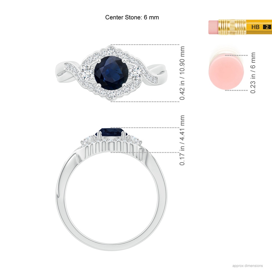 6mm A Aeon Vintage Style Sapphire & Diamond Floral Halo Three Stone Engagement Ring in 18K White Gold ruler