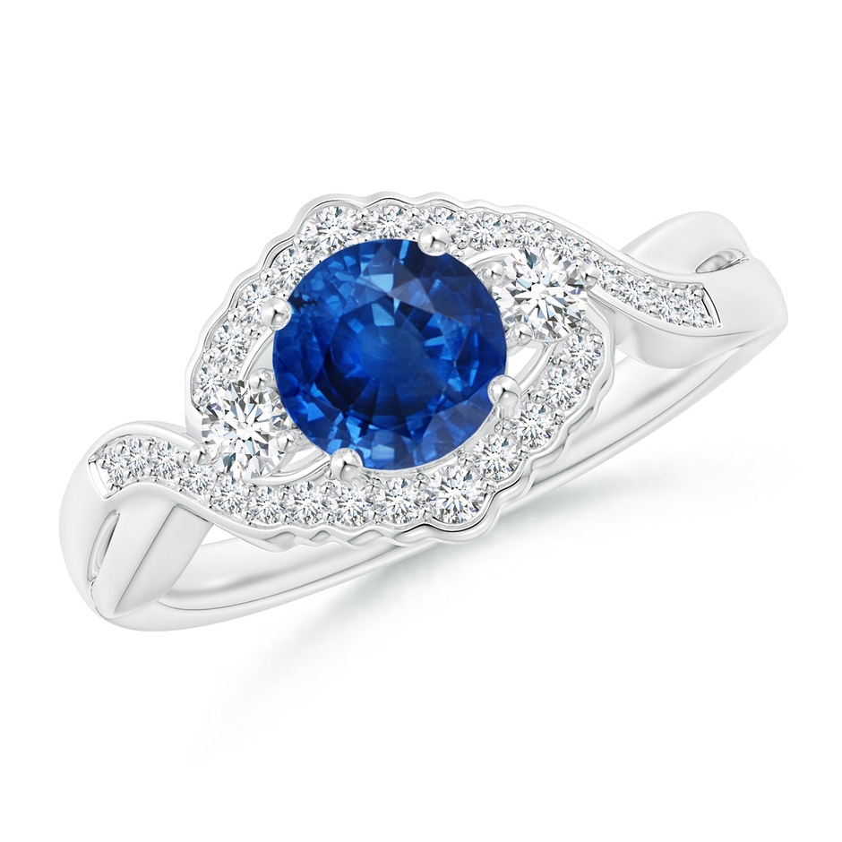 6mm AAA Aeon Vintage Style Sapphire & Diamond Floral Halo Three Stone Engagement Ring in 18K White Gold 