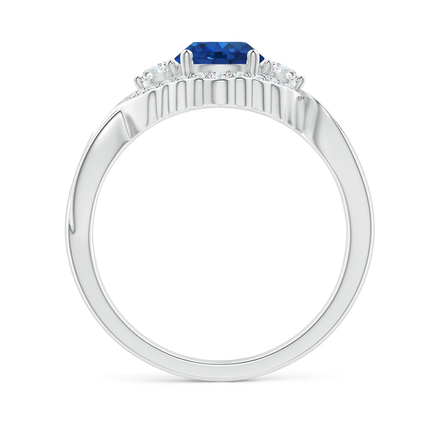 6mm AAA Aeon Vintage Style Sapphire & Diamond Floral Halo Three Stone Engagement Ring in 18K White Gold