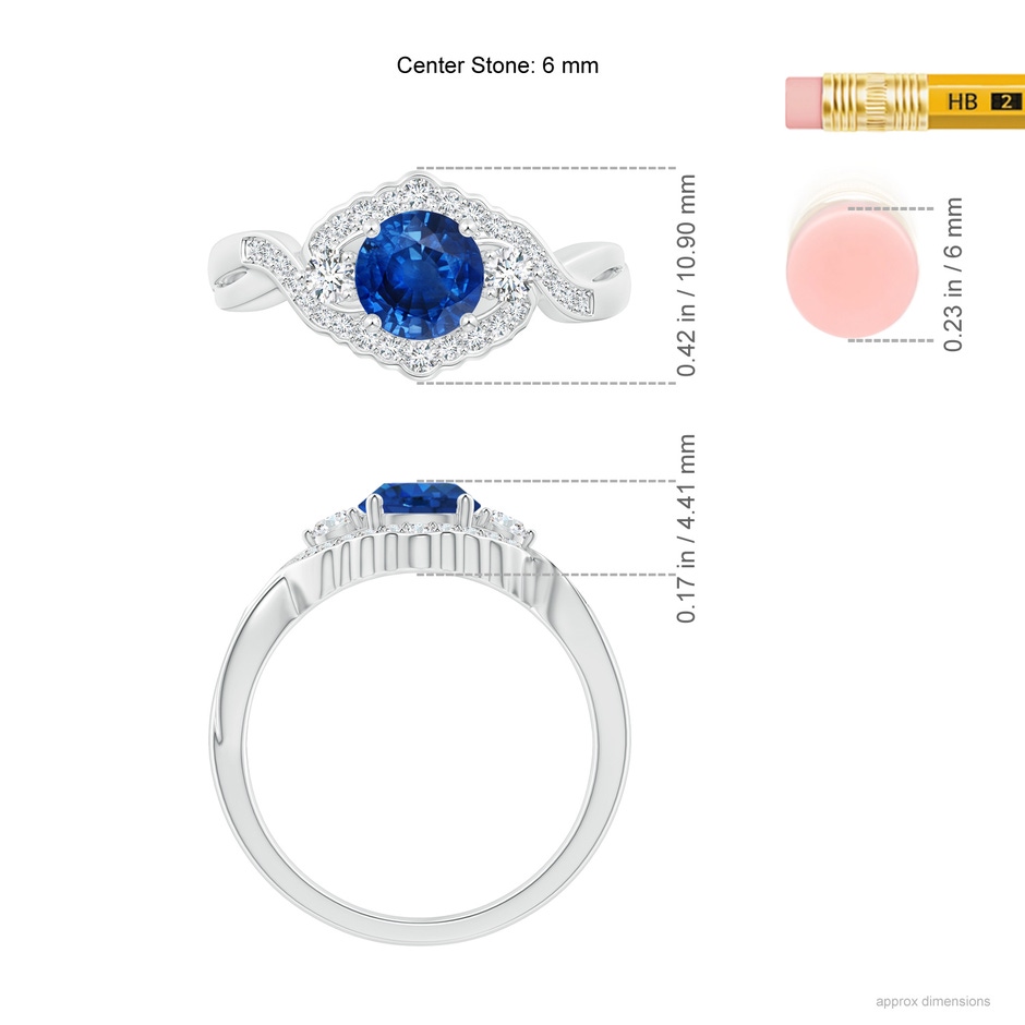 6mm AAA Aeon Vintage Style Sapphire & Diamond Floral Halo Three Stone Engagement Ring in White Gold ruler