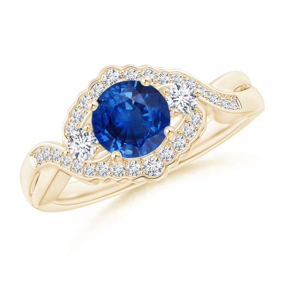 6mm AAA Aeon Vintage Style Sapphire & Diamond Floral Halo Three Stone Engagement Ring in Yellow Gold 
