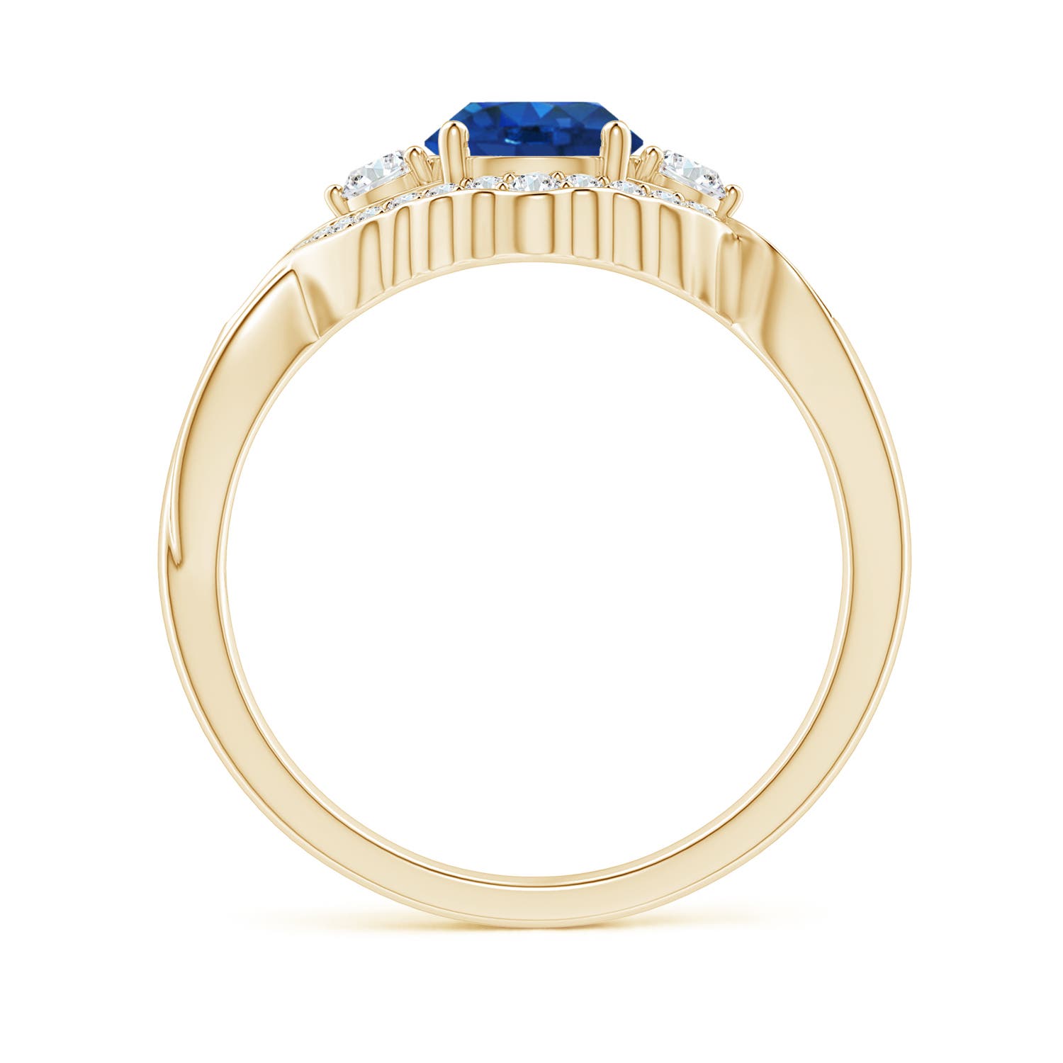 6mm AAA Aeon Vintage Style Sapphire & Diamond Floral Halo Three Stone Engagement Ring in Yellow Gold