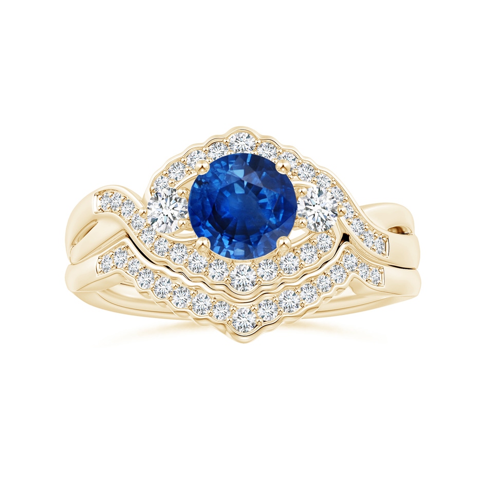 6mm AAA Aeon Vintage Style Sapphire & Diamond Floral Halo Three Stone Engagement Ring in Yellow Gold side-3