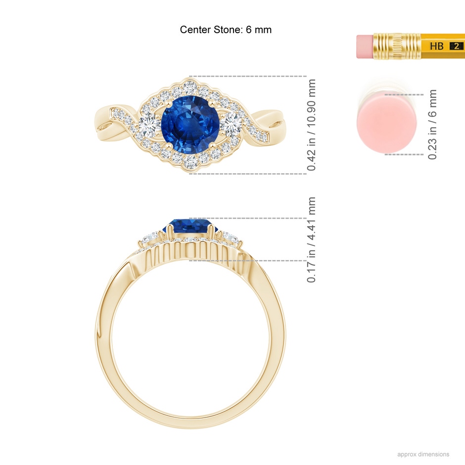 6mm AAA Aeon Vintage Style Sapphire & Diamond Floral Halo Three Stone Engagement Ring in Yellow Gold ruler