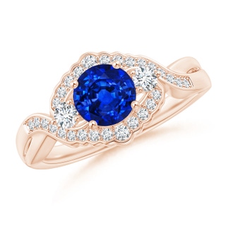 6mm AAAA Aeon Vintage Style Sapphire & Diamond Floral Halo Three Stone Engagement Ring in Rose Gold