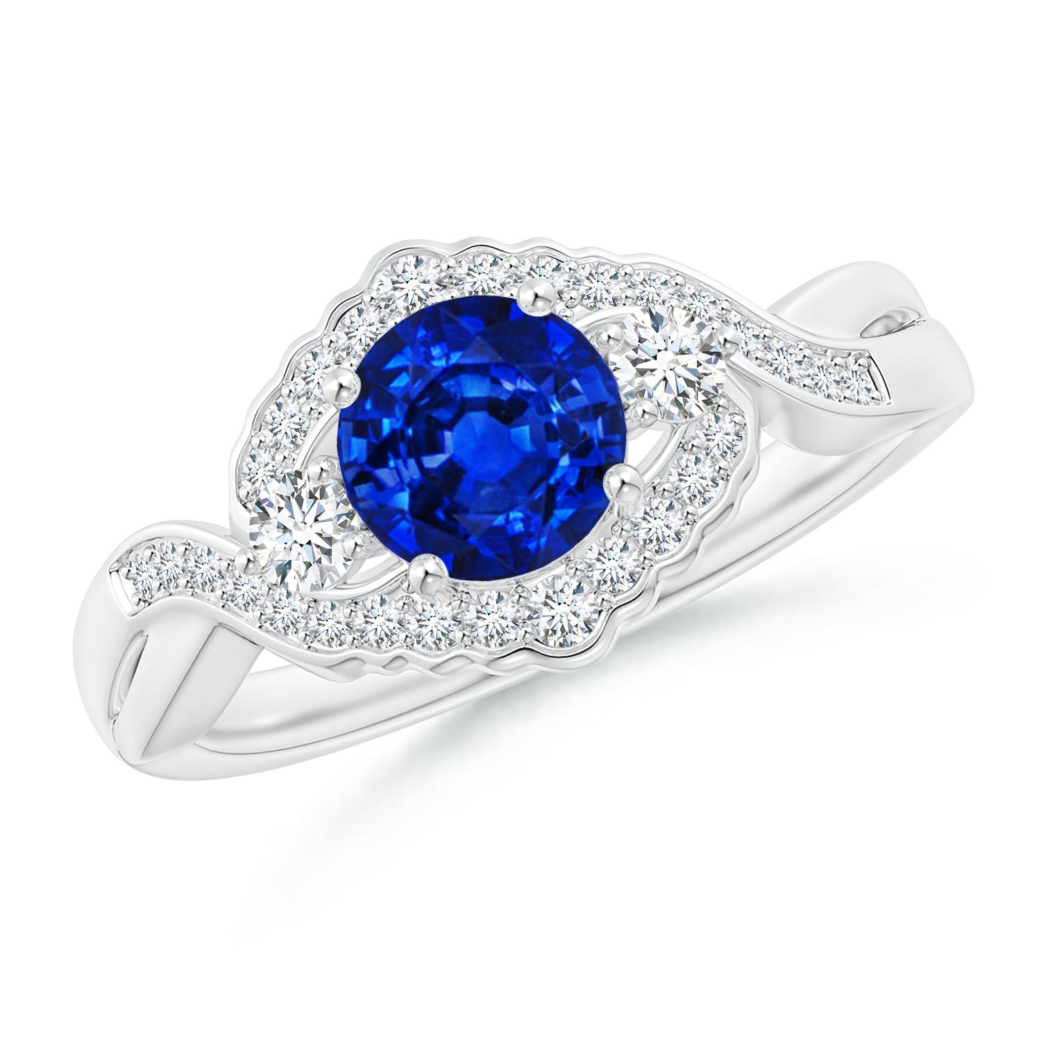 6mm AAAA Aeon Vintage Style Sapphire & Diamond Floral Halo Three Stone Engagement Ring in White Gold