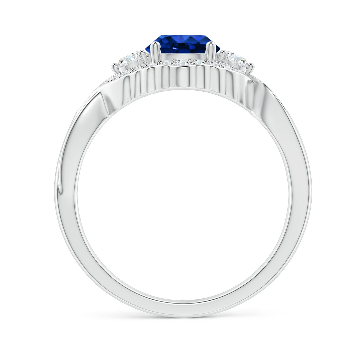 6mm AAAA Aeon Vintage Style Sapphire & Diamond Floral Halo Three Stone Engagement Ring in White Gold