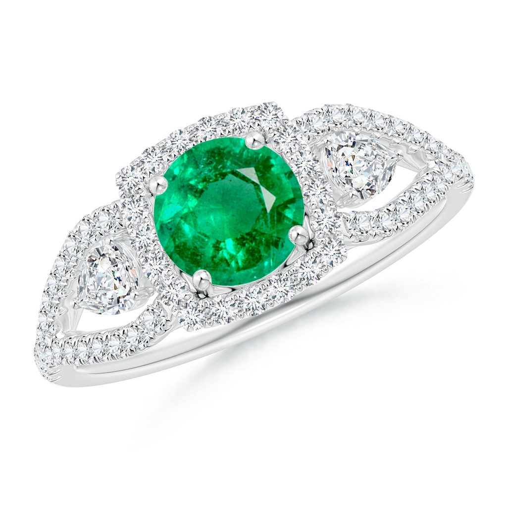 6mm AAA Aeon Vintage Inspired Three Stone Emerald and Diamond Halo Engagement Ring in White Gold