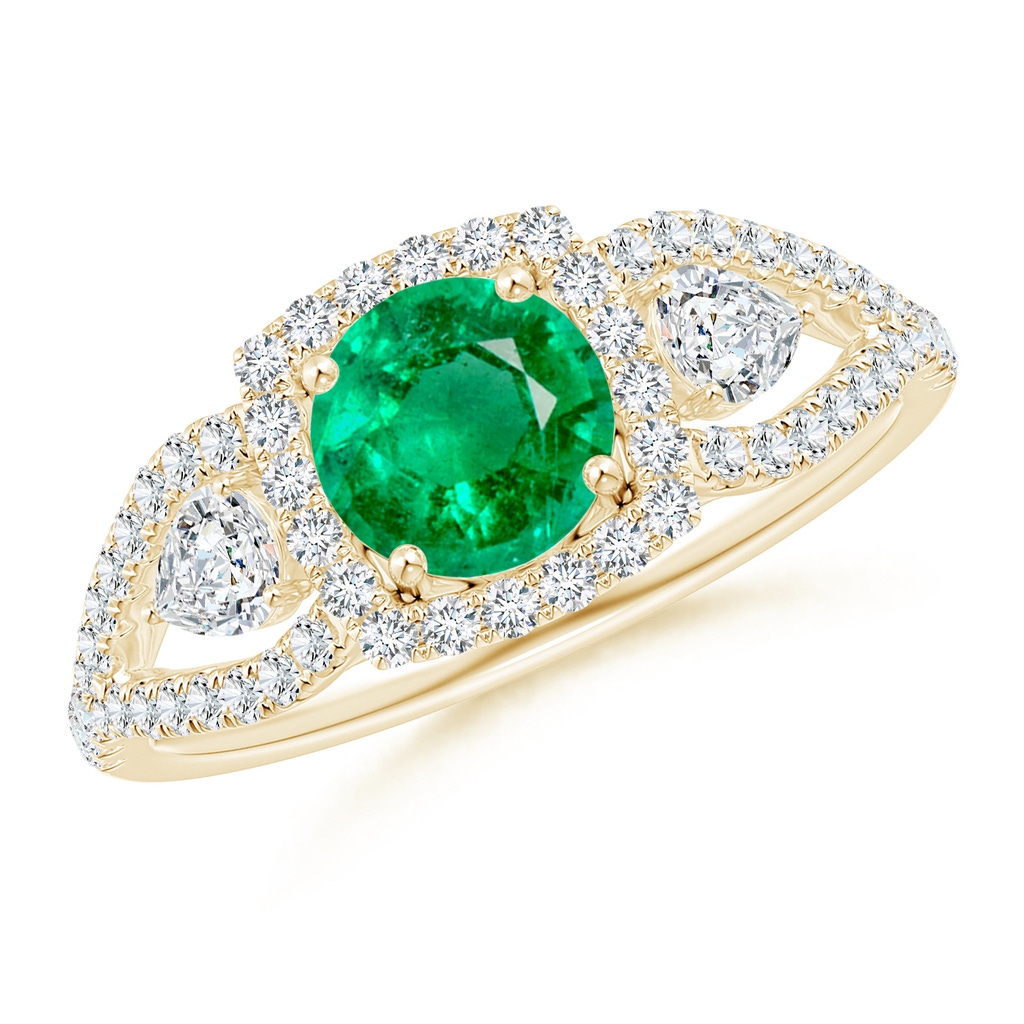 6mm AAA Aeon Vintage Inspired Three Stone Emerald and Diamond Halo Engagement Ring in Yellow Gold