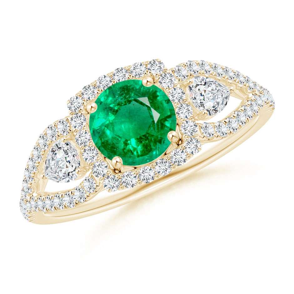 6mm AAA Aeon Vintage Inspired Three Stone Emerald and Diamond Halo Engagement Ring in Yellow Gold 