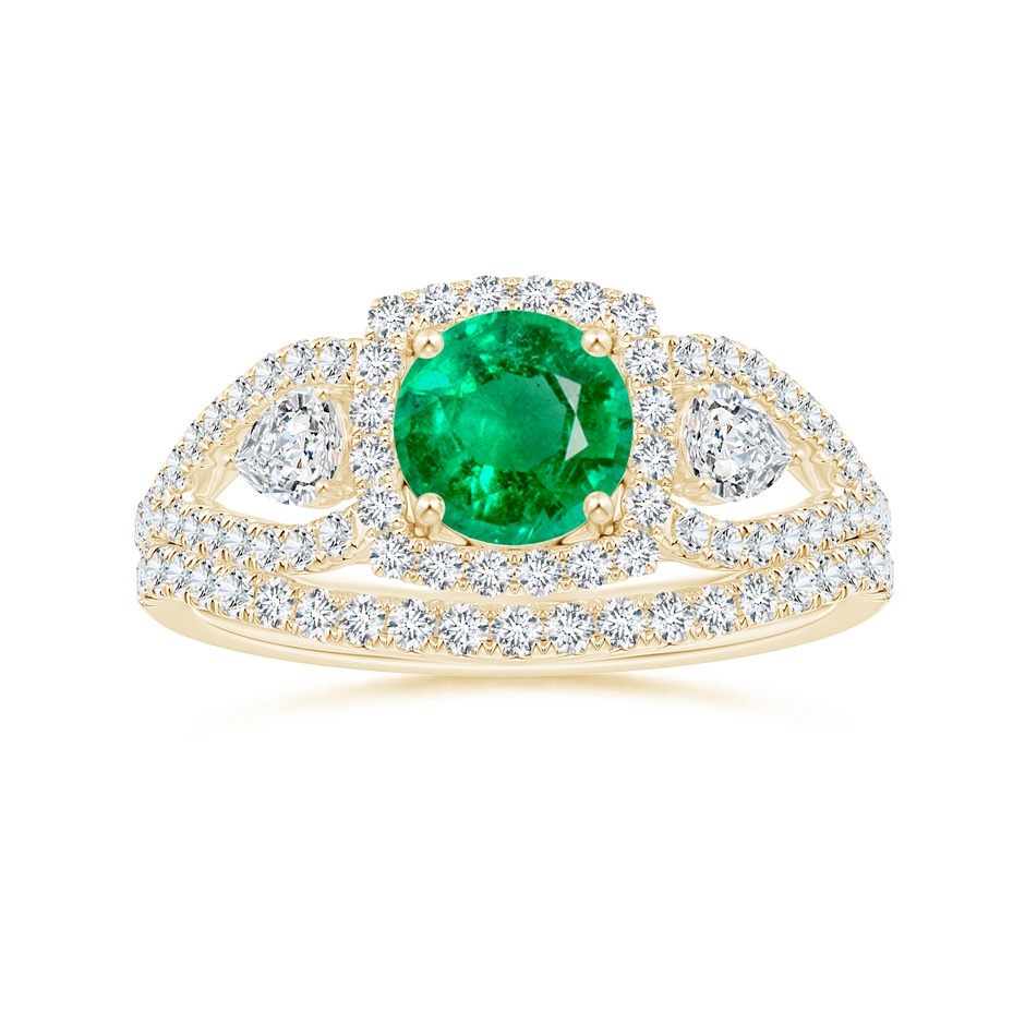 6mm AAA Aeon Vintage Inspired Three Stone Emerald and Diamond Halo Engagement Ring in Yellow Gold side-3