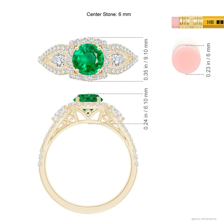 6mm AAA Aeon Vintage Inspired Three Stone Emerald and Diamond Halo Engagement Ring in Yellow Gold ruler