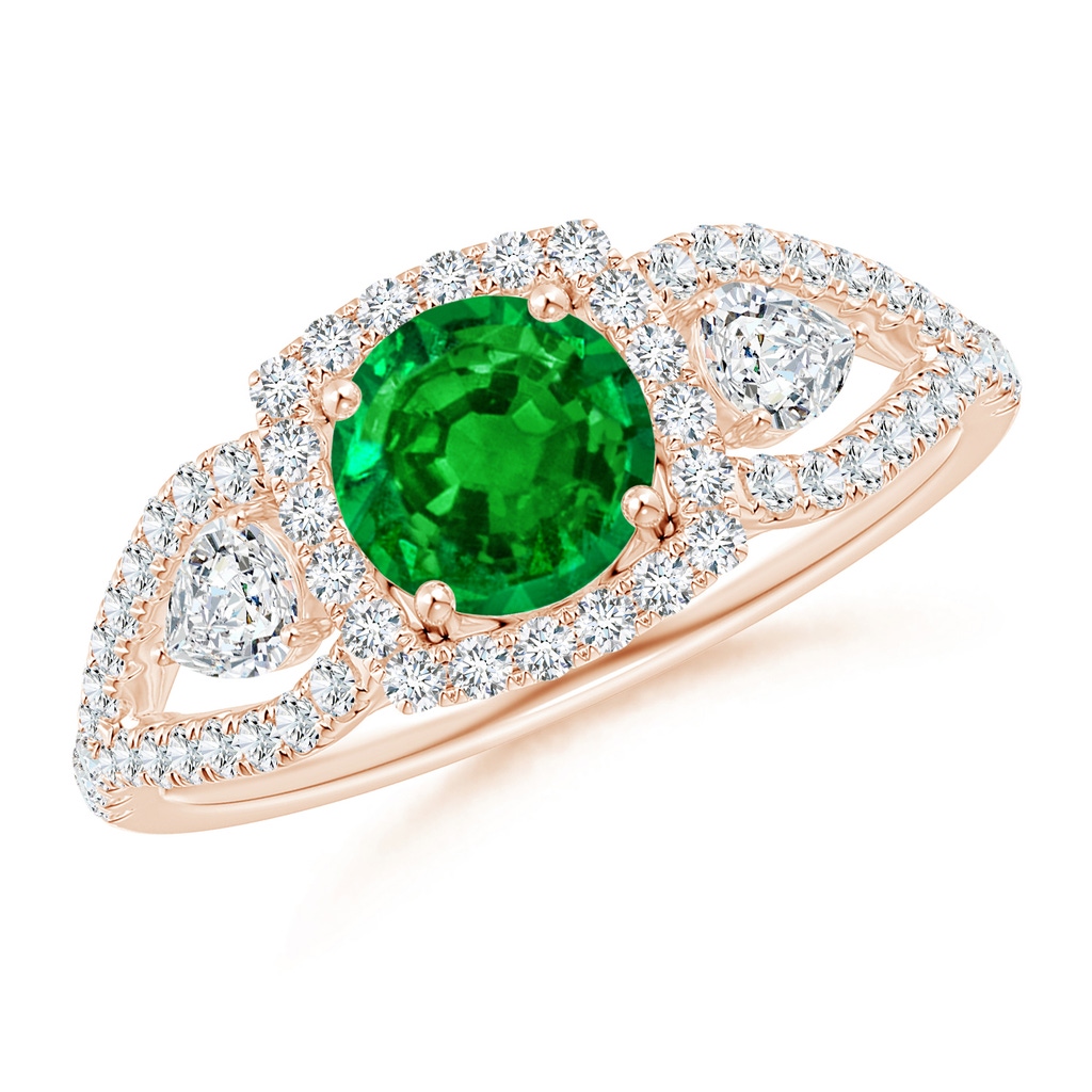 6mm AAAA Aeon Vintage Inspired Three Stone Emerald and Diamond Halo Engagement Ring in Rose Gold