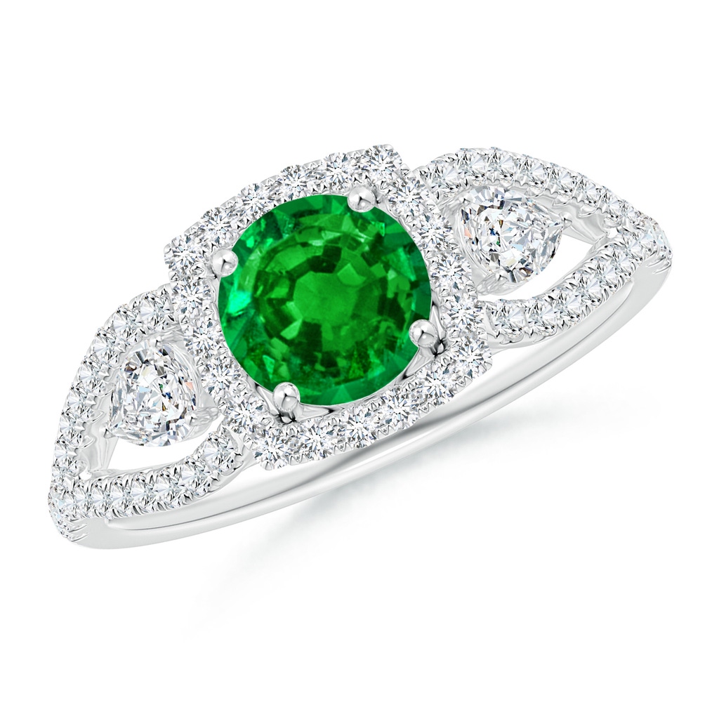 6mm AAAA Aeon Vintage Inspired Three Stone Emerald and Diamond Halo Engagement Ring in White Gold