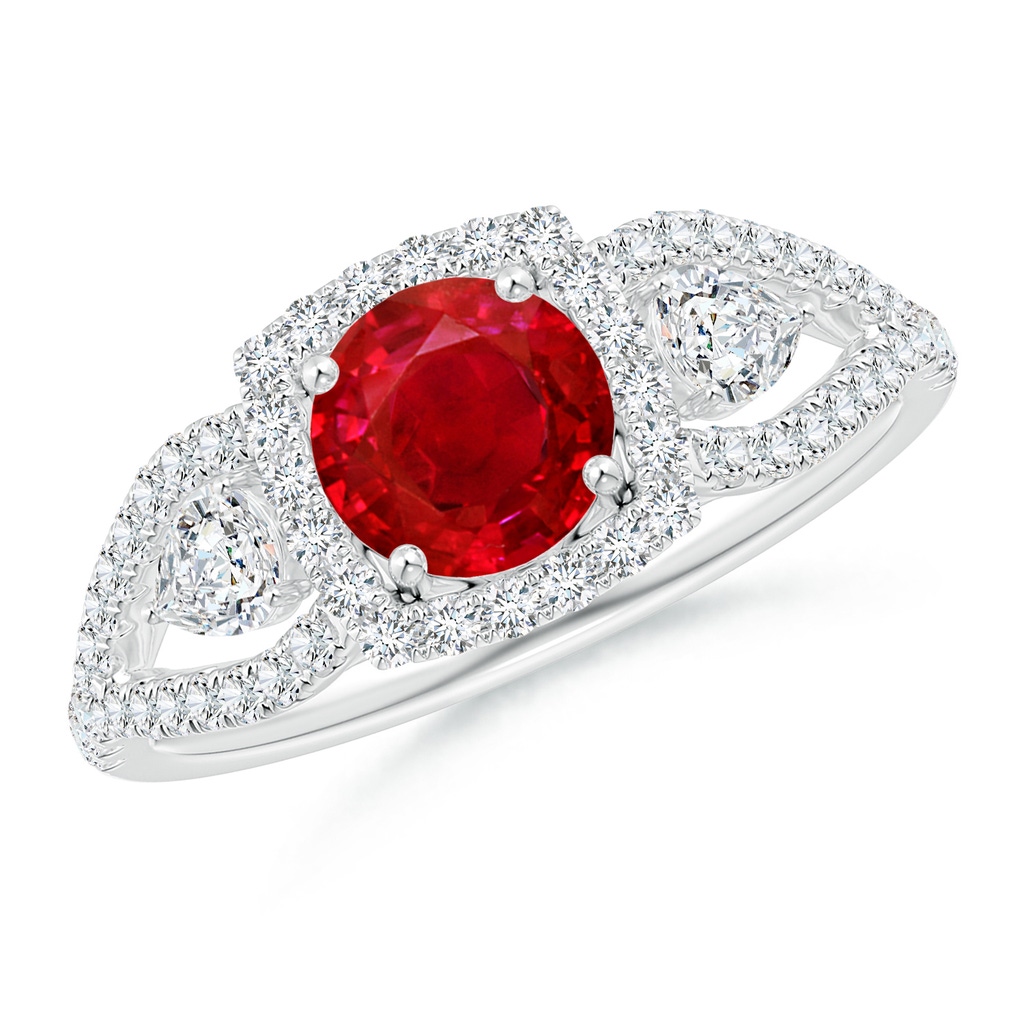 6mm AAA Aeon Vintage Inspired Three Stone Ruby and Diamond Halo Engagement Ring in White Gold