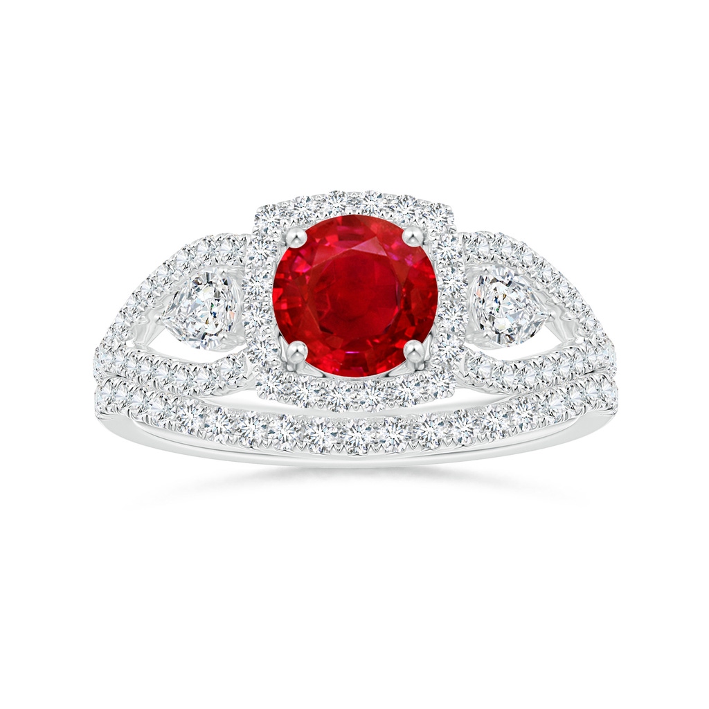 6mm AAA Aeon Vintage Inspired Three Stone Ruby and Diamond Halo Engagement Ring in White Gold Side-3