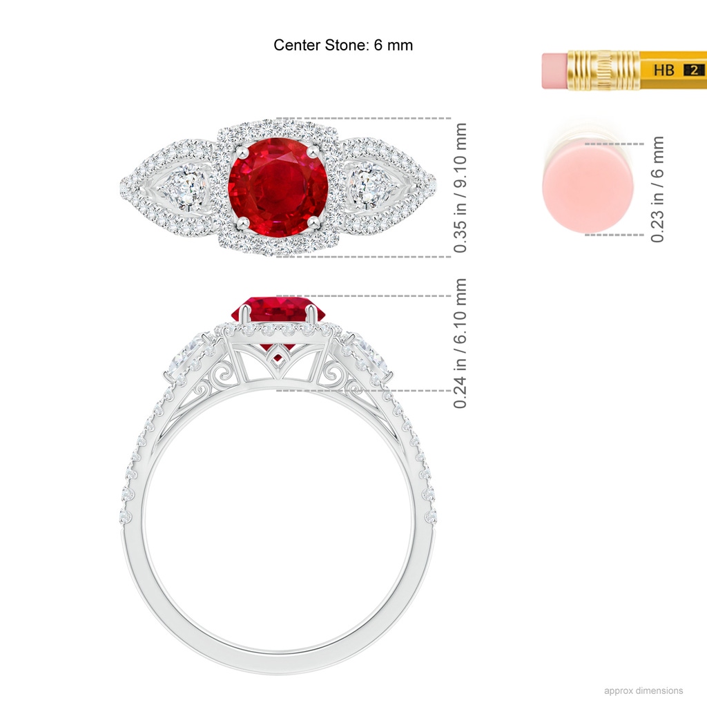 6mm AAA Aeon Vintage Inspired Three Stone Ruby and Diamond Halo Engagement Ring in White Gold Ruler