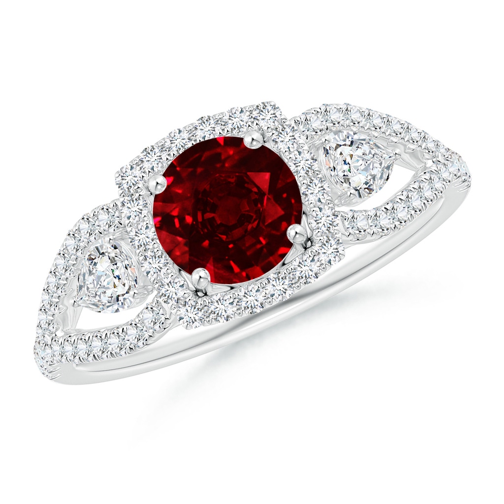 6mm Lab-Grown Aeon Vintage Inspired Three Stone Ruby and Diamond Halo Engagement Ring in White Gold