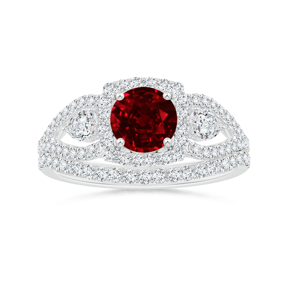 6mm Lab-Grown Aeon Vintage Inspired Three Stone Ruby and Diamond Halo Engagement Ring in White Gold side-3