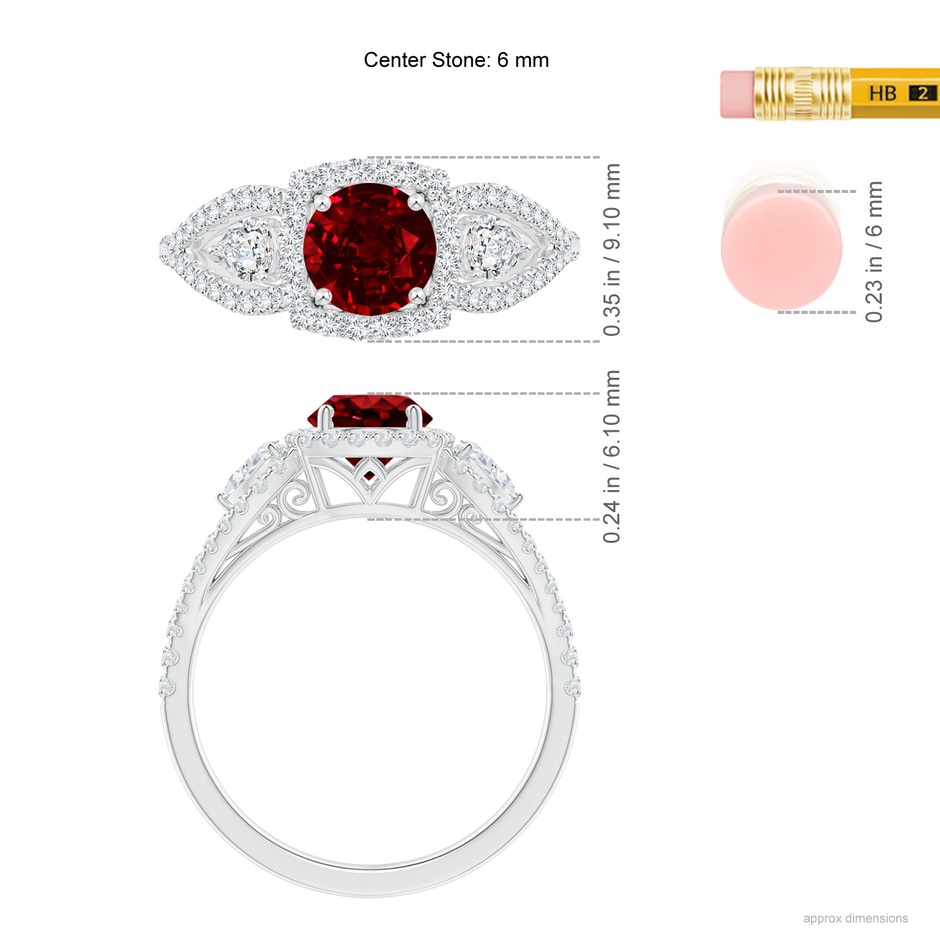 6mm Lab-Grown Aeon Vintage Inspired Three Stone Ruby and Diamond Halo Engagement Ring in White Gold ruler