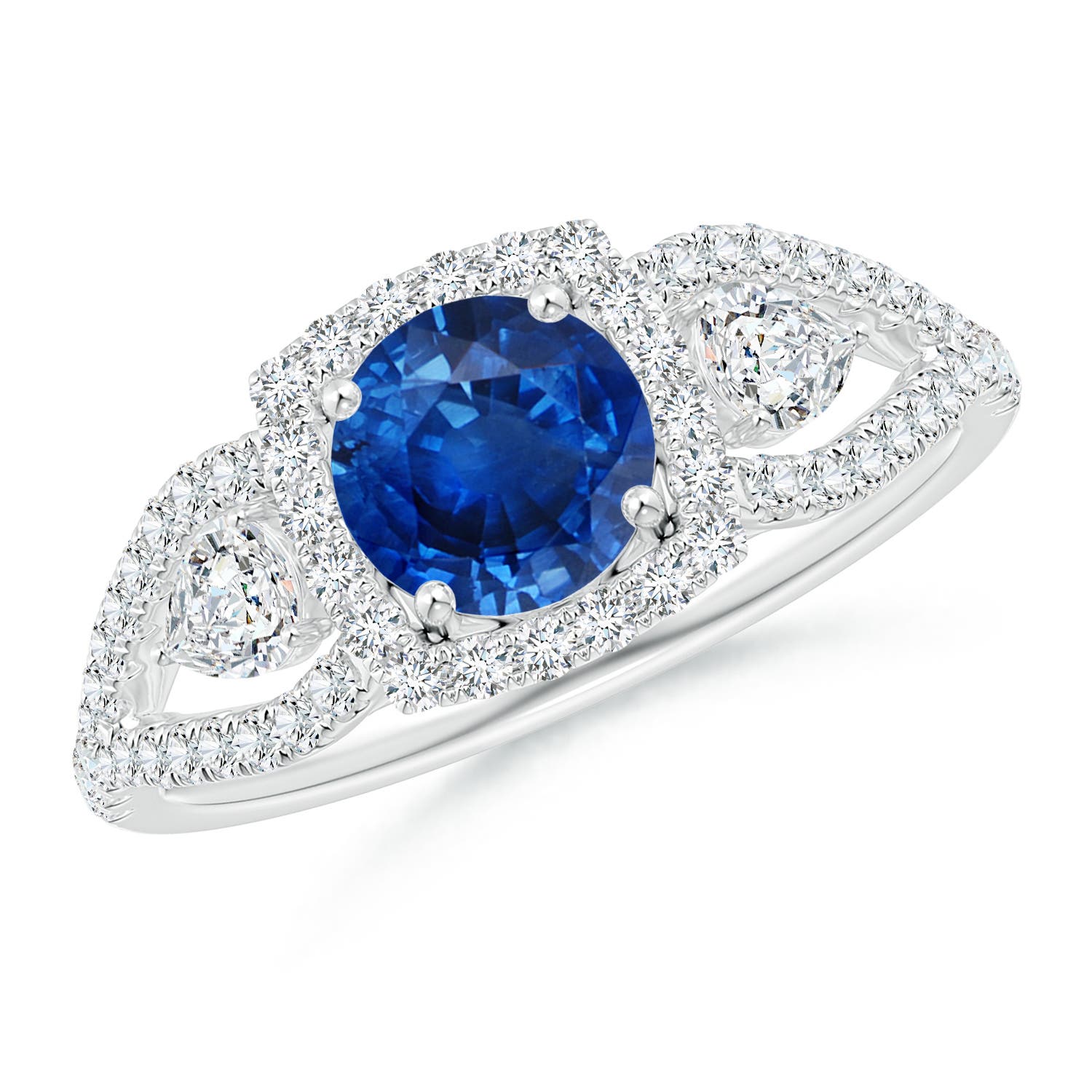 Aeon Vintage Inspired Three Stone Sapphire and Diamond Halo Engagement Ring