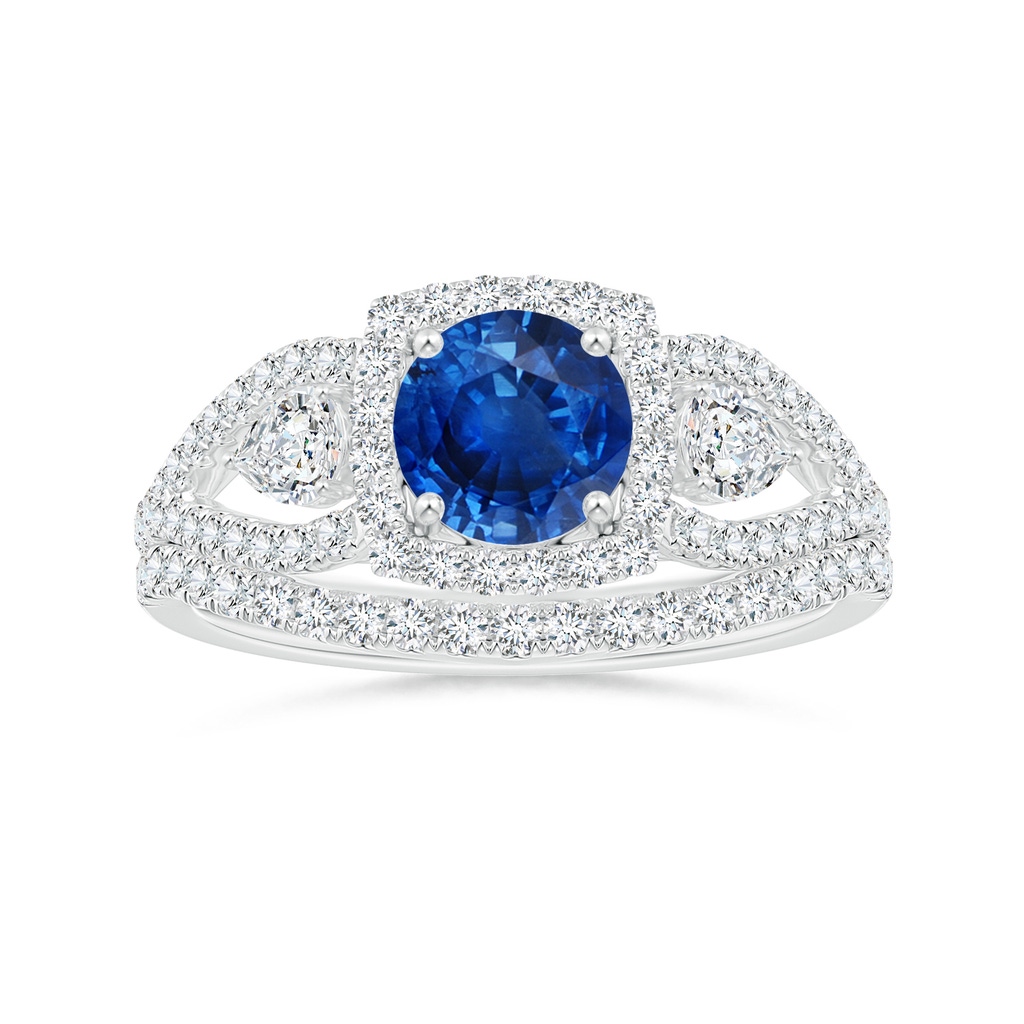 6mm AAA Aeon Vintage Inspired Three Stone Sapphire and Diamond Halo Engagement Ring in White Gold Side-3
