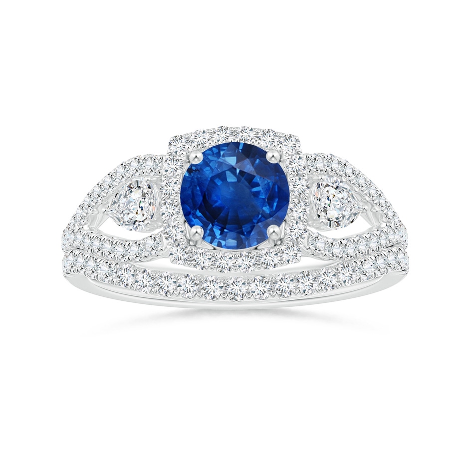 6mm AAA Aeon Vintage Inspired Three Stone Sapphire and Diamond Halo Engagement Ring in White Gold side-3