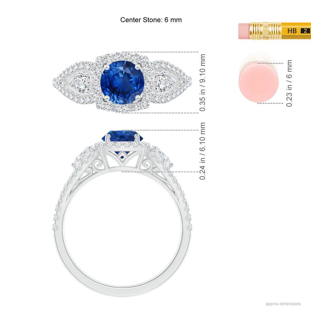 6mm AAA Aeon Vintage Inspired Three Stone Sapphire and Diamond Halo Engagement Ring in White Gold Ruler
