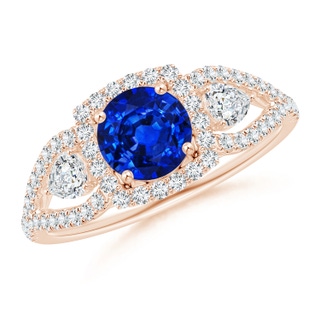 6mm AAAA Aeon Vintage Inspired Three Stone Sapphire and Diamond Halo Engagement Ring in 10K Rose Gold