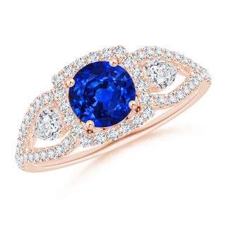 6mm AAAA Aeon Vintage Inspired Three Stone Sapphire and Diamond Halo Engagement Ring in 18K Rose Gold