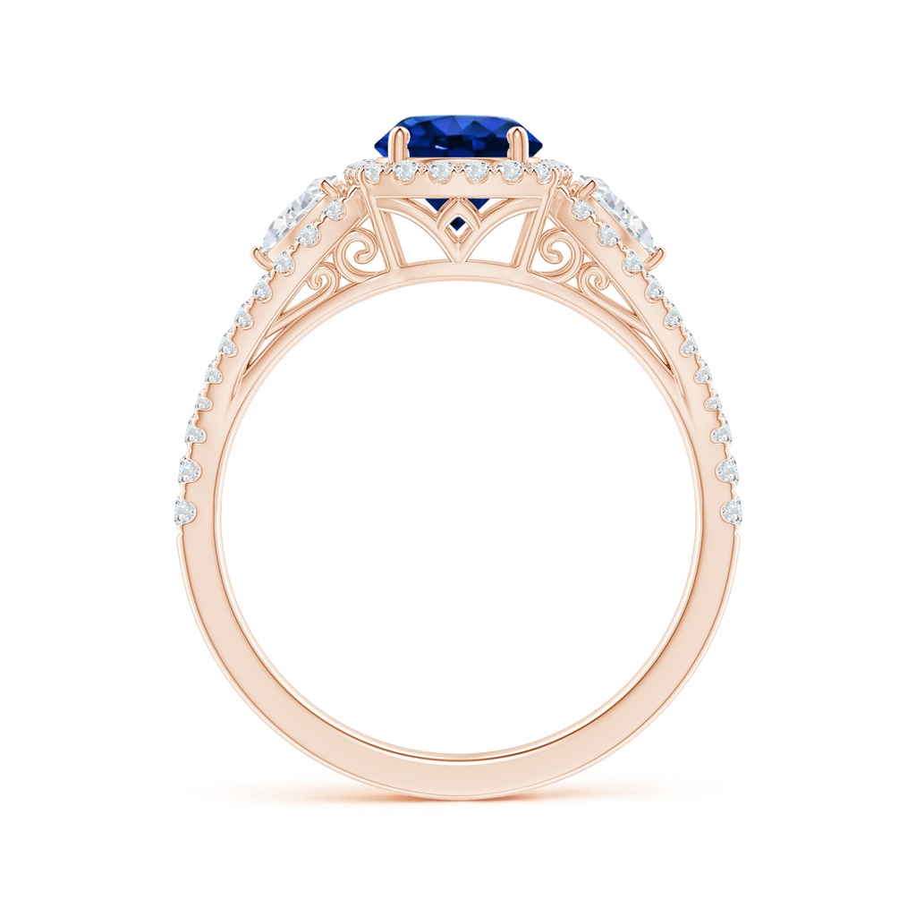 6mm AAAA Aeon Vintage Inspired Three Stone Sapphire and Diamond Halo Engagement Ring in Rose Gold Side-1
